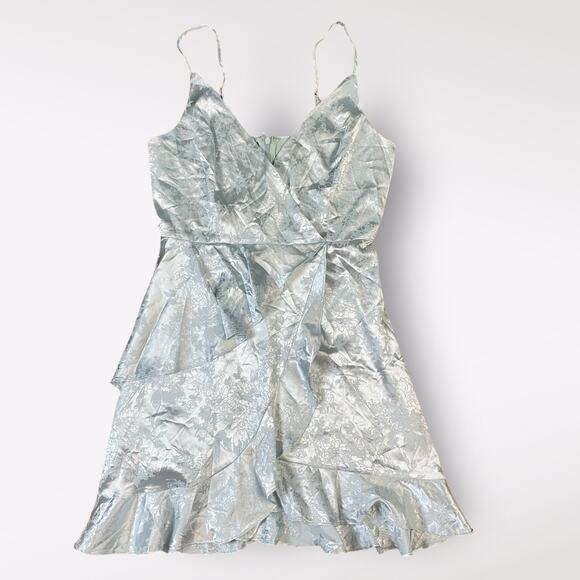 Altar’d State Light Blue Satin Floral‎ Jacquard Ruffled Mini Party Dress Size M - Picture 1 of 11